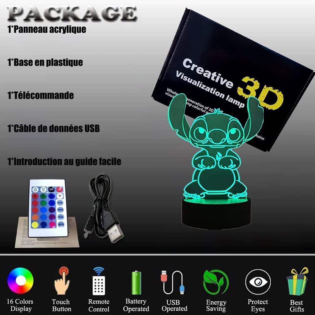 Lampe Stitch 3D LED avec télécommande 16 couleurs – Image 6