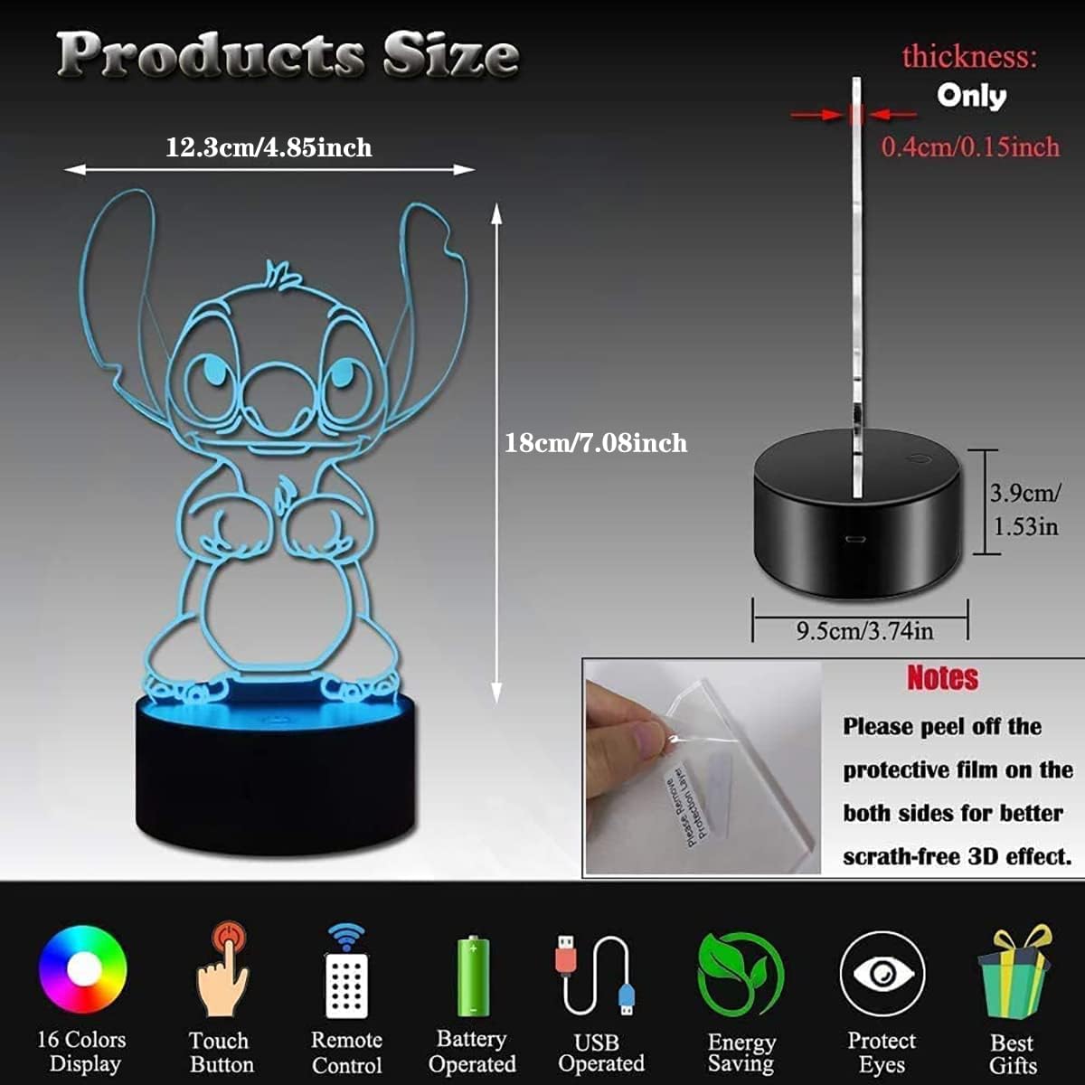 Lampe Stitch 3D LED avec télécommande 16 couleurs – Image 3
